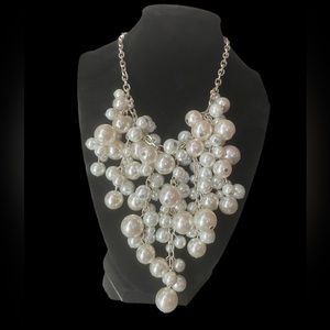Faux Pearl on Silver Tone Chain Waterfall Style 16" Long Necklace